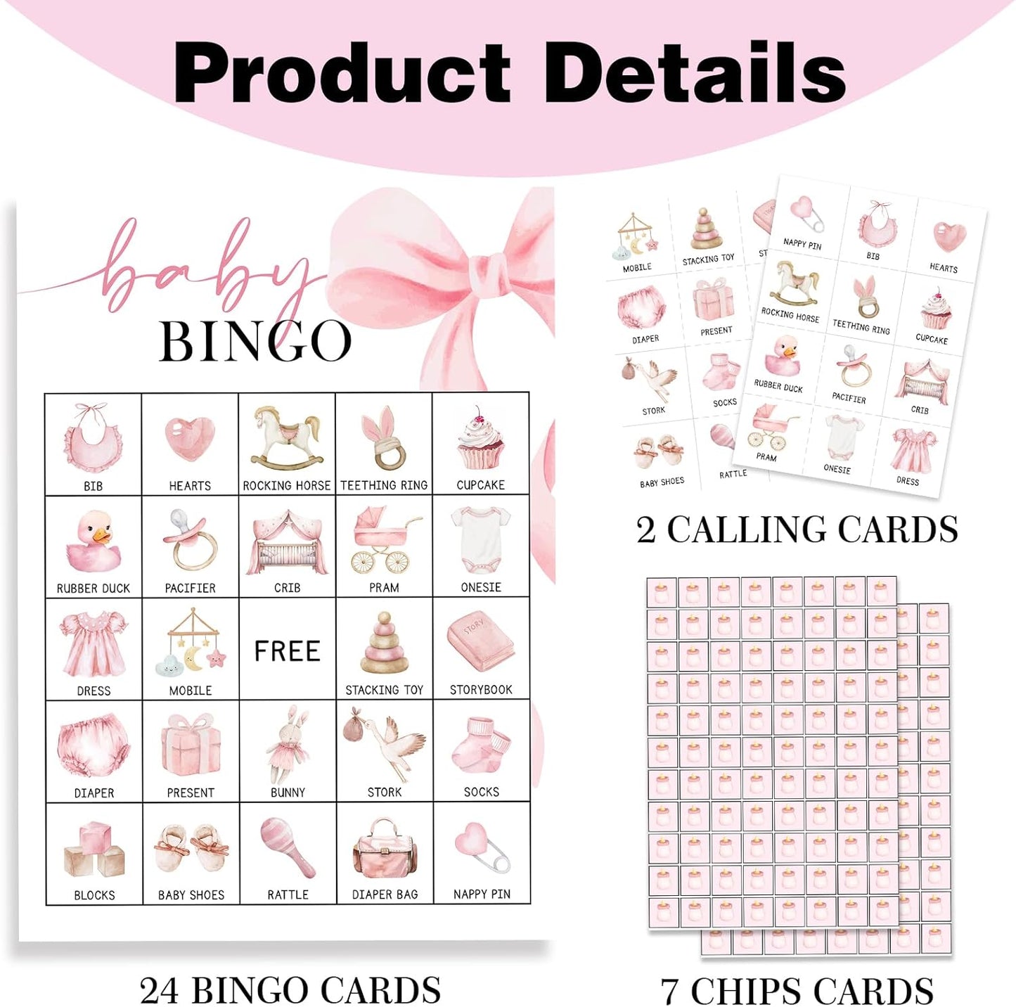 Pink Bow Baby Shower Bingo Games, 24 Player Pink Bingo Cards for Baby Shower, Gender Reveal Party Games Favors Supplies Decorations