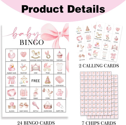 Pink Bow Baby Shower Bingo Games, 24 Player Pink Bingo Cards for Baby Shower, Gender Reveal Party Games Favors Supplies Decorations