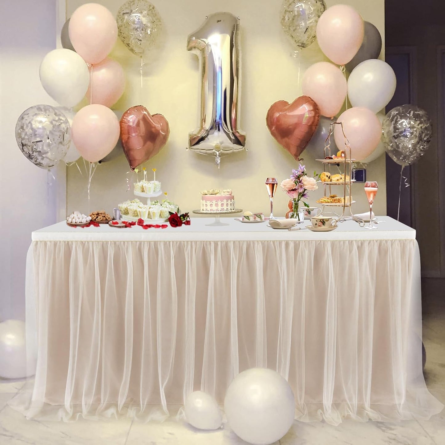 72inch Champagne Gold Tulle Table Skirts for Rectangle Round Tables, Gold Grim Ruffle Tulle Tutu Cloth Table Skirt 6ft for Wedding Birthday Party Cake Dessert Decor(No Top Cover)