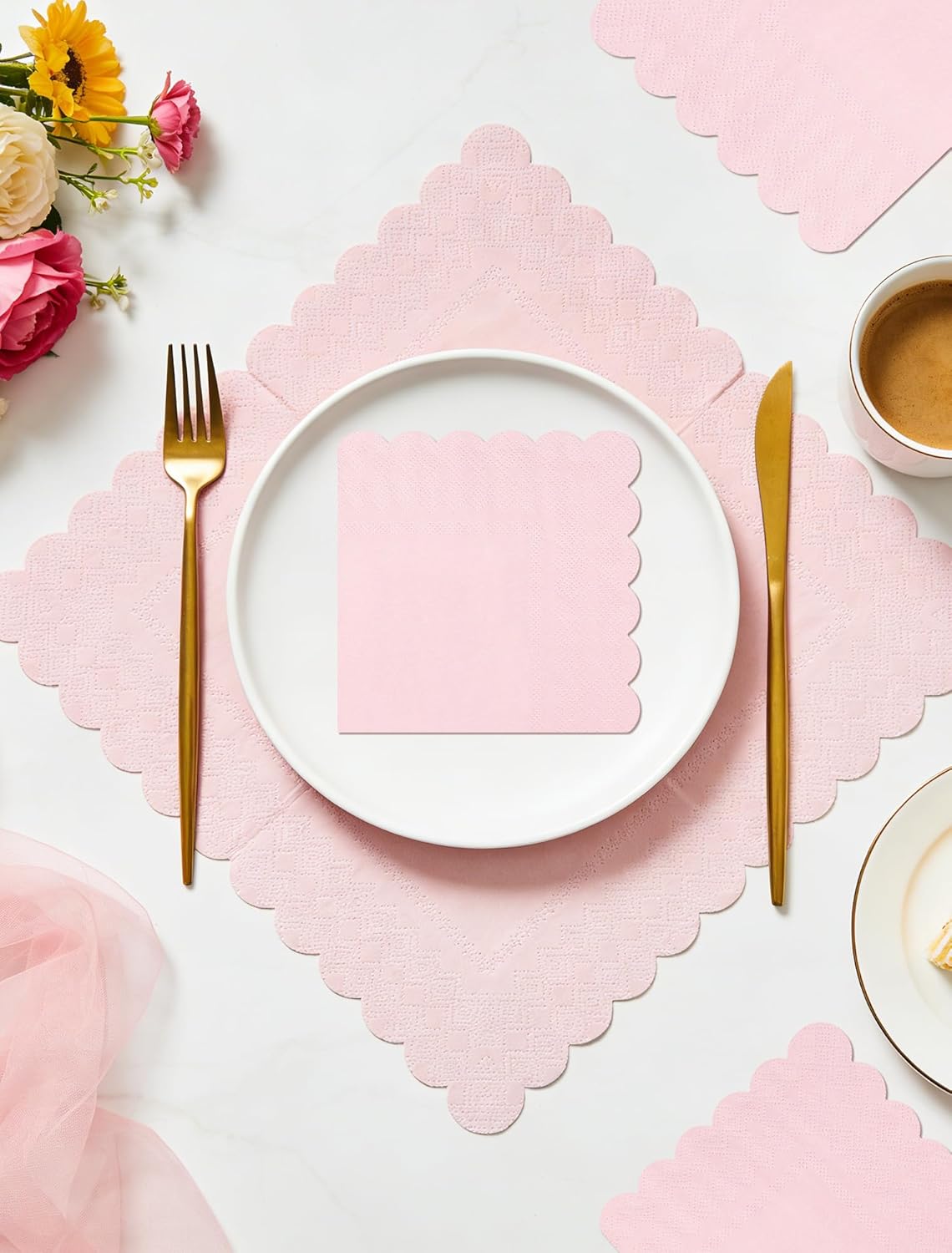 NatNarr 120 Pcs Cocktail Napkins Pink Mothers Day Paper Napkins Light Pink Dessert Beverage Napkin Cute Scalloped Party Napkin for Baby Bridal Shower, Birthday, 5 x 5 Inch