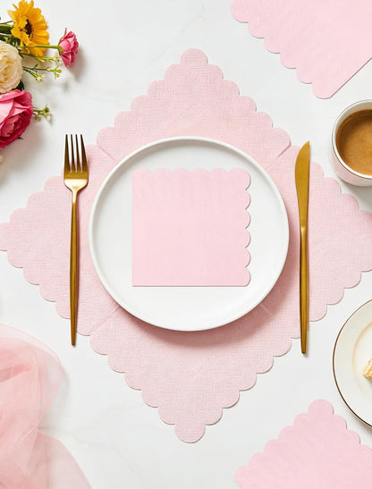 NatNarr 120 Pcs Cocktail Napkins Pink Mothers Day Paper Napkins Light Pink Dessert Beverage Napkin Cute Scalloped Party Napkin for Baby Bridal Shower, Birthday, 5 x 5 Inch
