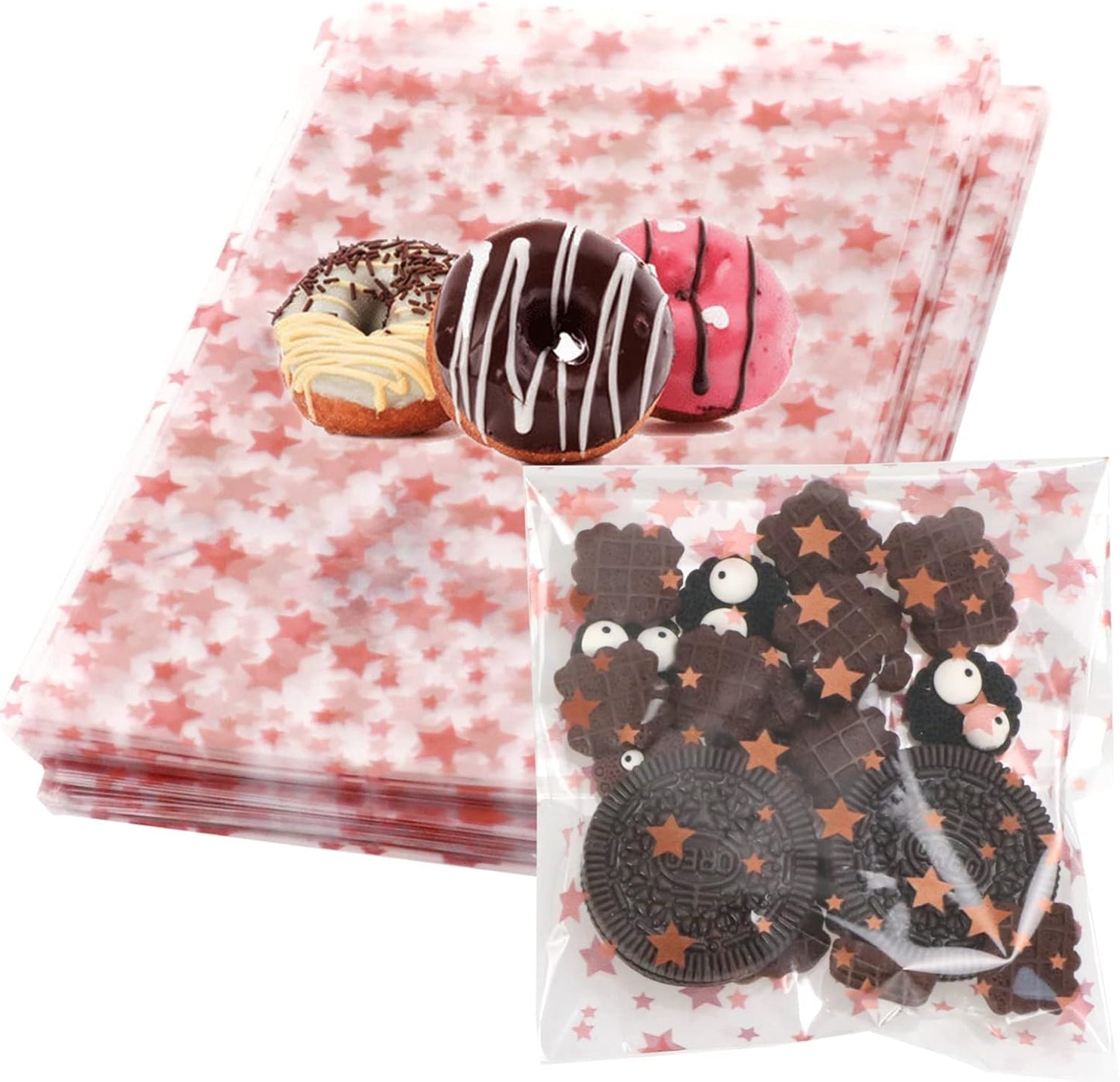 100 Pcs Star Printed 5"X 7" Gift Wrap Cello Cellophane Treat Bags Party Favor bags Clear Candy Cookie Bag Plastic Poly Goodie Storage Bag with Twist Ties for Bakery,Birthday, Wedding ,Party Decorations (Gold)