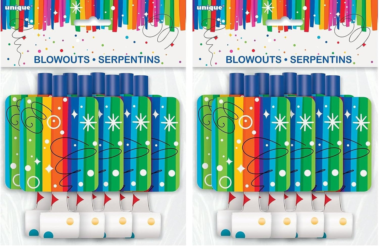 Unique Vibrant Rainbow Ribbons Birthday Blowouts (8 Count) - 5.25" Multicolor Paper Party Horns