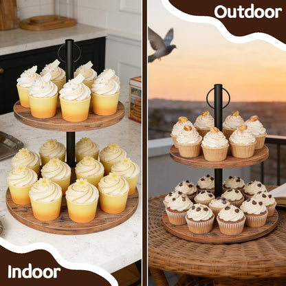 Cupcake Stand, 2 Pack Rustic Wood Cake Stand, 3 Tier Cupcake Tower Round Tiered Tray Stand for Dessert Table Display, Industrial Wooden Serving Stand Wedding, Graduation and Baby Shower