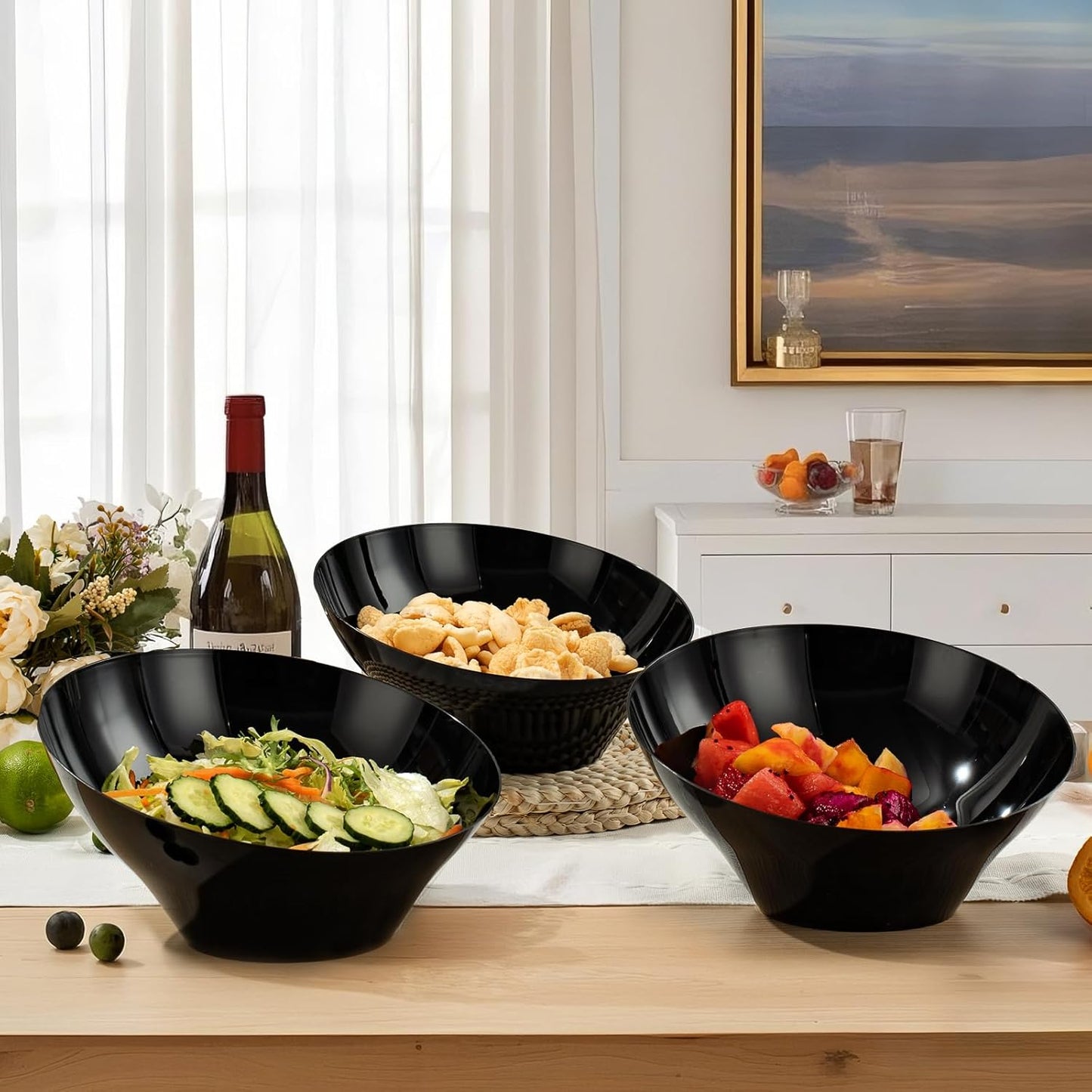 BESTVIP 54oz Clear Plastic Serving Bowls for Party - 12 Pack Angled Disposable Serving Bowls, Party for Chips, Snacks, Fruit, Salad - Bowls for Parties, Daily Use, Catering, Christmas