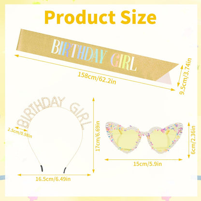 3Pcs Birthday Girl Sash Headband Set-Birthday Sash Tiara and Crown Sunglasses for Girls Women