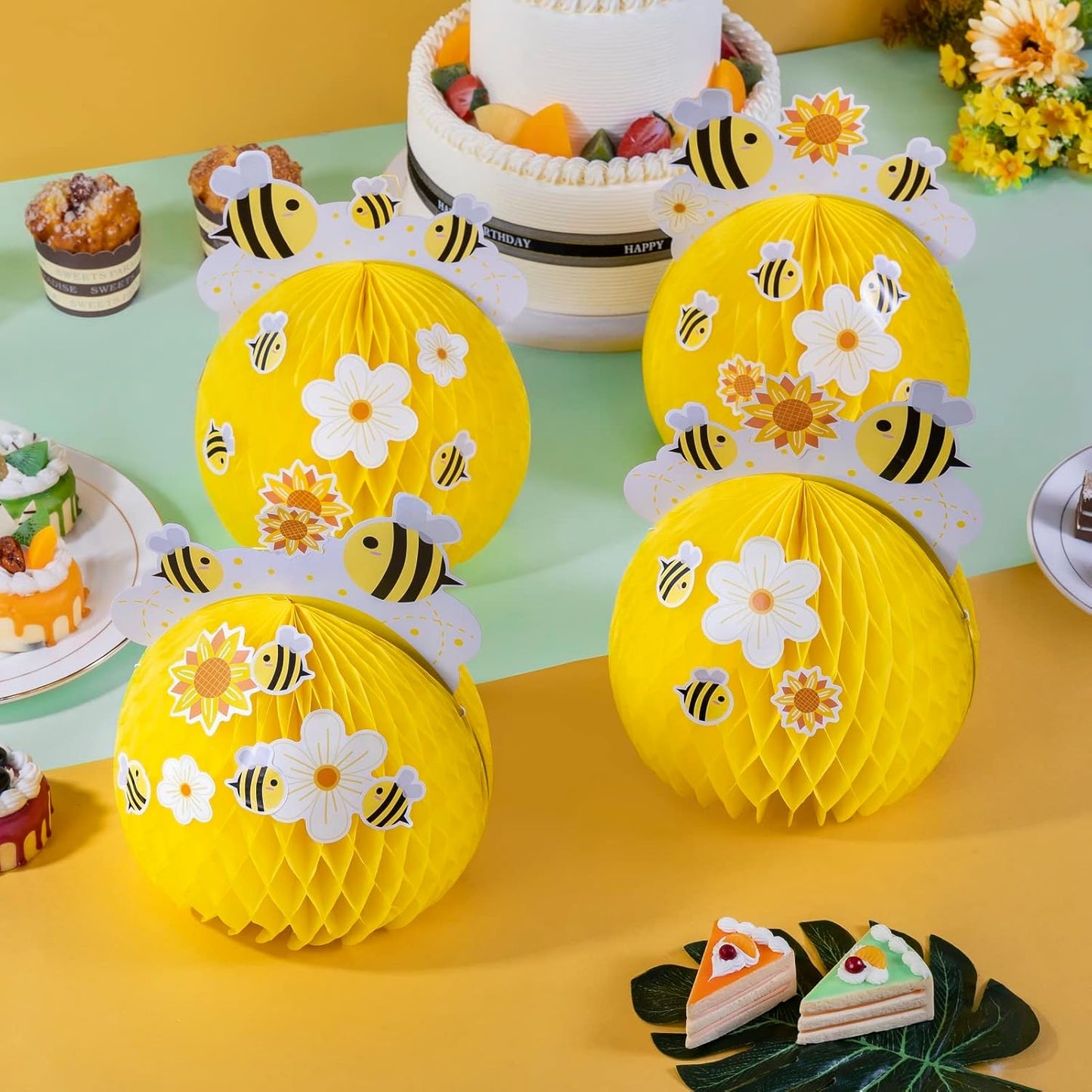 SUNBEAUTY 4PCS Honey Bee Honeycomb Centerpieces Decorations Yellow Bee Honeycomb Table Centerpieces with Sunflower Stickers for Baby Shower Birthday Gender Reveal Birthday Decoration