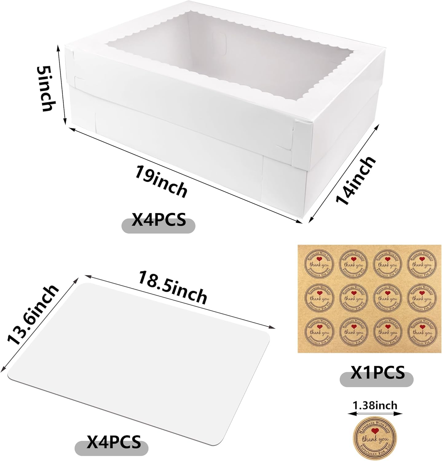 MUMULULU 4 PCS 19x14x4 Inch Cake Boxes with Cake Board White Sheet Rectangular Bakery Boxes with Window for Donuts Cookies Dessert Cupcakes Pastry Baking Pie Packaging