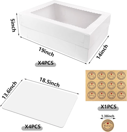 MUMULULU 4 PCS 19x14x4 Inch Cake Boxes with Cake Board White Sheet Rectangular Bakery Boxes with Window for Donuts Cookies Dessert Cupcakes Pastry Baking Pie Packaging