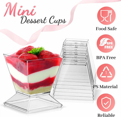 TOFLEN 50 Pack 5 oz Plastic Dessert Cups with High Lids for Party, Mini Dessert Cups with Spoons Dessert Shooter Cups for Yogurt Parfait, Appetizer, Pudding, Fruit and Ice Cream