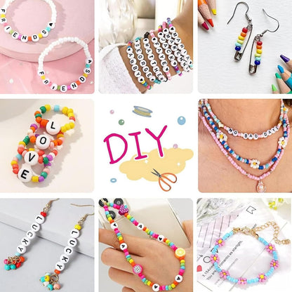 Amaney 1400pcs Glow Letter Beads, Heart Beads Whit Elastic Beading Cord,4x7mm Round Acrylic Alphabet Beads for Friend Bracelet Jewelry Making