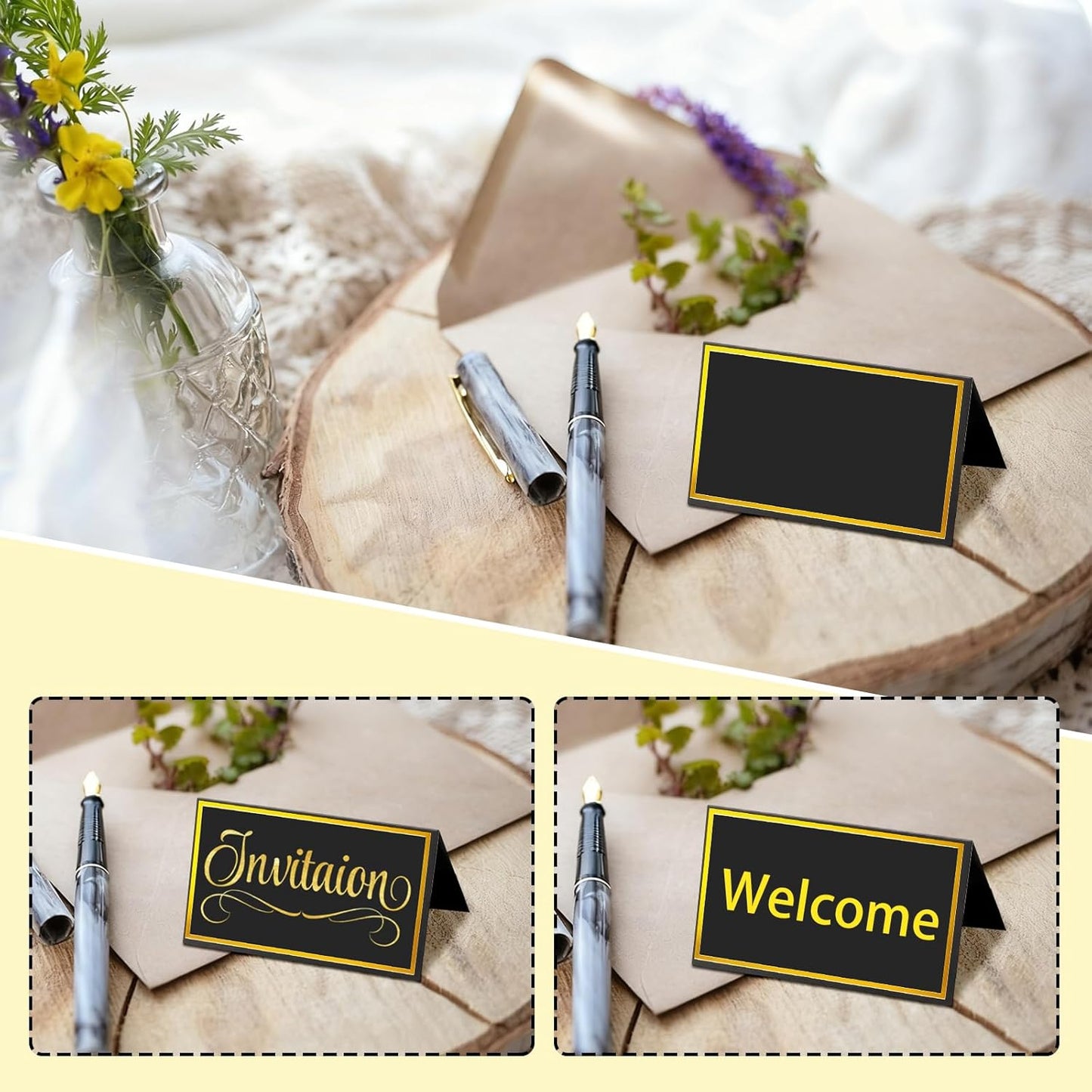 25 Pcs Place Cards for Table Setting - 2'' x 3.5'' Black with Gold foil Trim Table Place Cards - Folded Table Tents Card Name Cards for Food Buffet, Wedding, Bakery Banquet, Party, Events Celebration