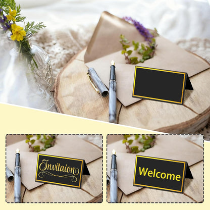 25 Pcs Place Cards for Table Setting - 2'' x 3.5'' Black with Gold foil Trim Table Place Cards - Folded Table Tents Card Name Cards for Food Buffet, Wedding, Bakery Banquet, Party, Events Celebration