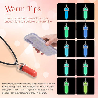 TXIN Glow in the Dark Crystal Pendant Necklaces, Luminous Natural Quartz Stone, Fluorescent Hexagonal Stone, Glowing Moonstone with Black Leather Chain, 10 Colors