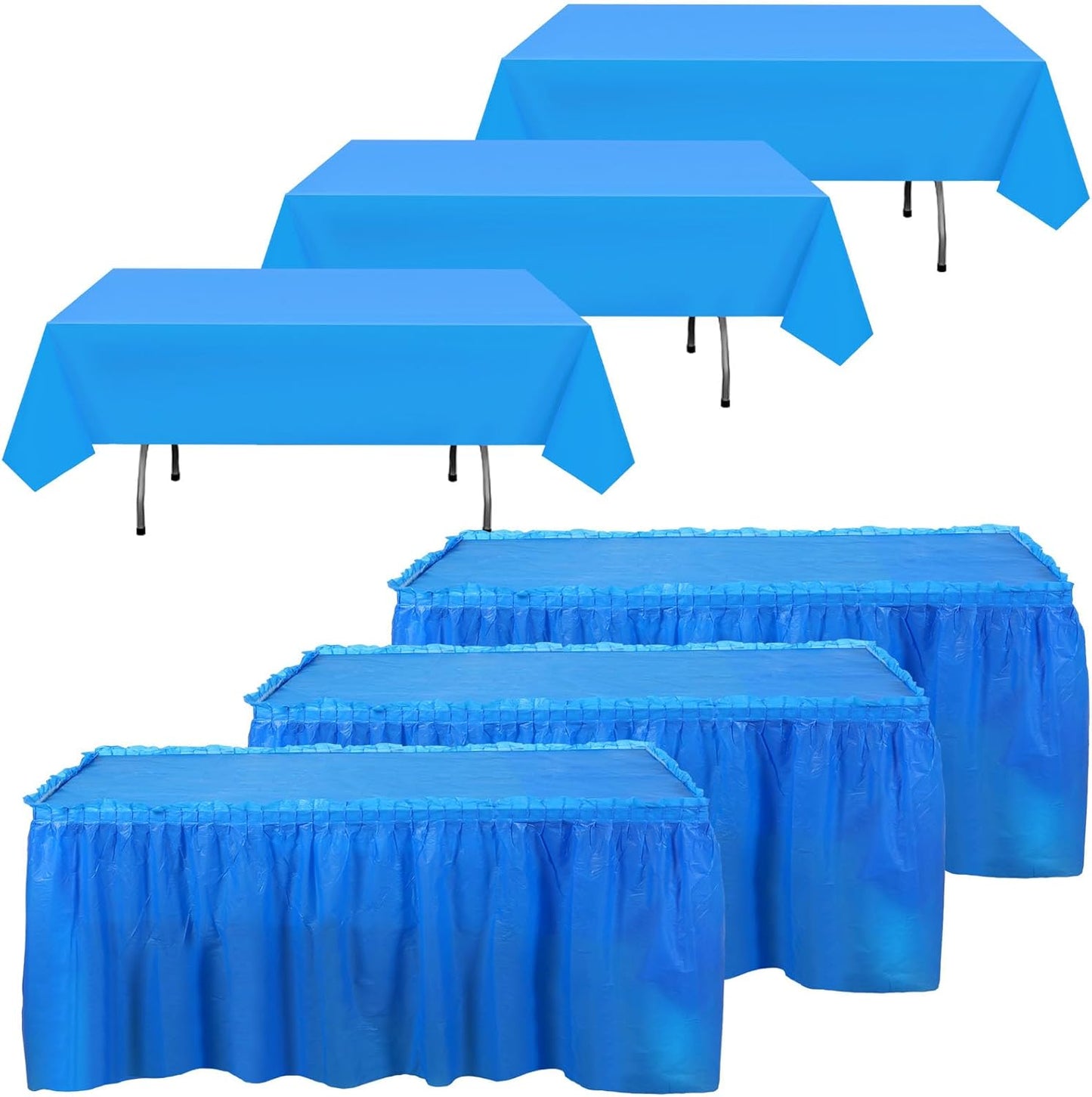 Oudain 6 Pcs Plastic Table Skirts and Stainproof Table Cloths 54 x 108 in Plastic Ruffle Tablecloth 168 x 29 Inches Disposable for Wedding Baby Shower Valentine Spring Easter Party(White)