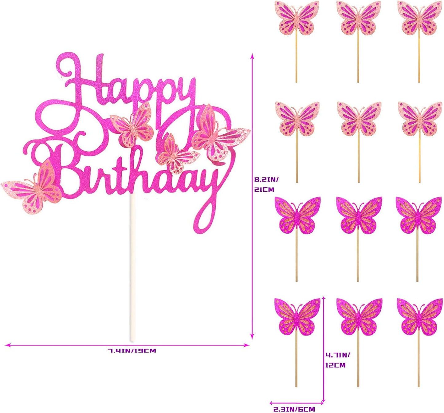 13-Pieces 3D Butterfly Cupcake Topper for Girls Women's Happy Birthday Cake Decorations Party Decorations(Pink)