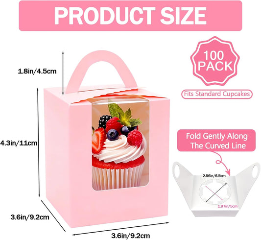 100 Pack Pink Cupcake Boxes Individual with Window, Inserts and Handle, Single Cupcake Containers for Cupcakes, Muffins, Donuts, Cookies, 3.6 x 3.6 x 4.3 Inch
