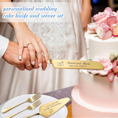 Personalized Wedding Cake Knife and Server Set, Wedding Gold Cake Cutting Set with Stainless Steel Forks, Customized Bridal Anniversary Birthday Wedding Registry Gifts for Couple (Non-customized)
