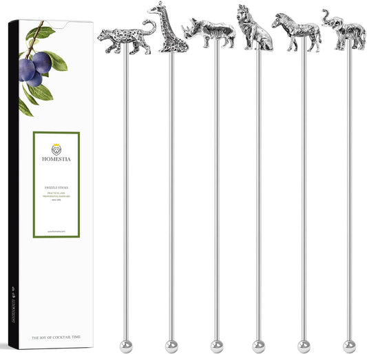 Homestia 7.5" Stainless Steel Cocktail Stirrers with Cute Animal Design, Set of 6 Reusable Swizzle Sticks for Coffee, Martini, Drinks - Dishwasher Safe Metal Bar Tools Stir Sticks