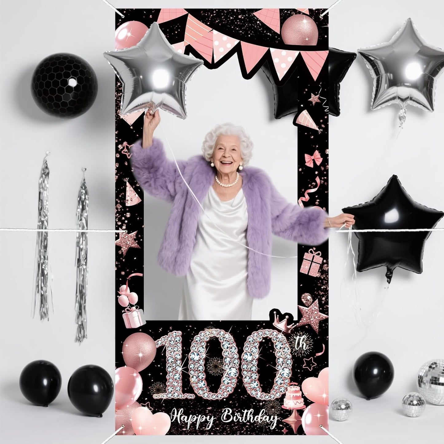 Pink 80th Birthday Neon Photography Banner Backdrop Glow Party Disco Dance Neon Theme Birthday Banner Photo Frame Props Props Selfie Background Face Cutout Photo Props Decoration