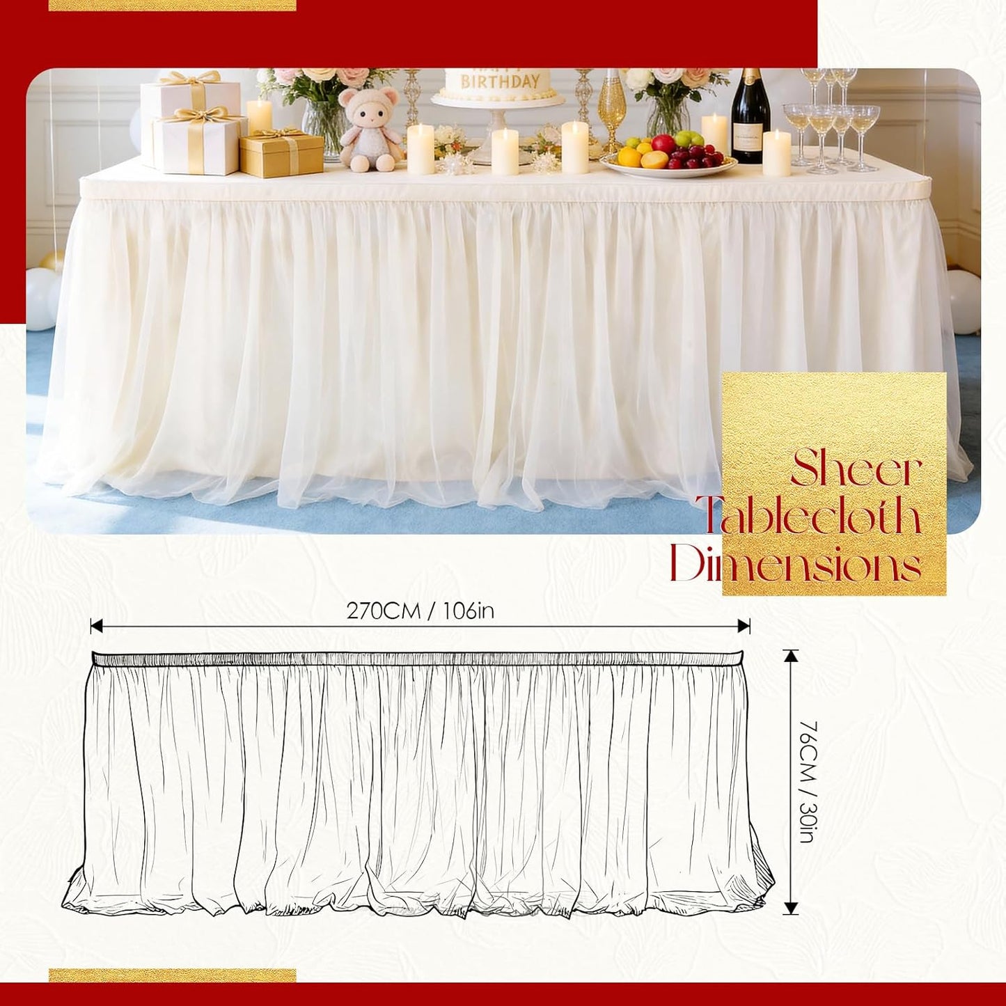 THARAHT Tulle Table Skirt 6FT 180CM Long for Rectangle Tables Round Tables Ruffle Desk Skirt for Princess Girls Birthday Party Cake Dessert Decorations Table Skirt