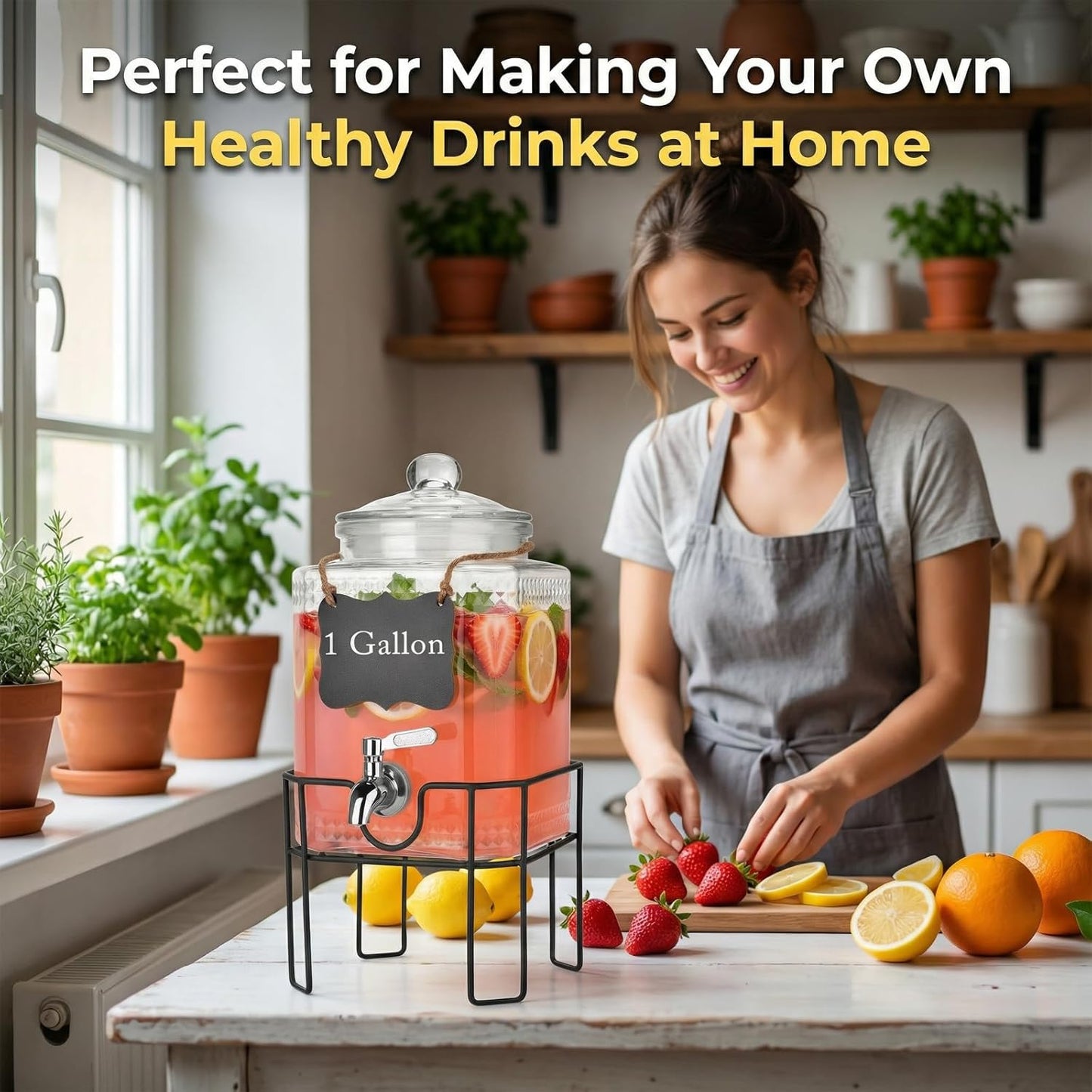 2 Gallon Glass Drink Dispenser, Drink Dispensers for Parties, Beverage Dispenser with Stand and Glass Lid, 100% Leakproof Spigot, Ideal for Lemonade, Juice, Laundry Detergent Dispenser