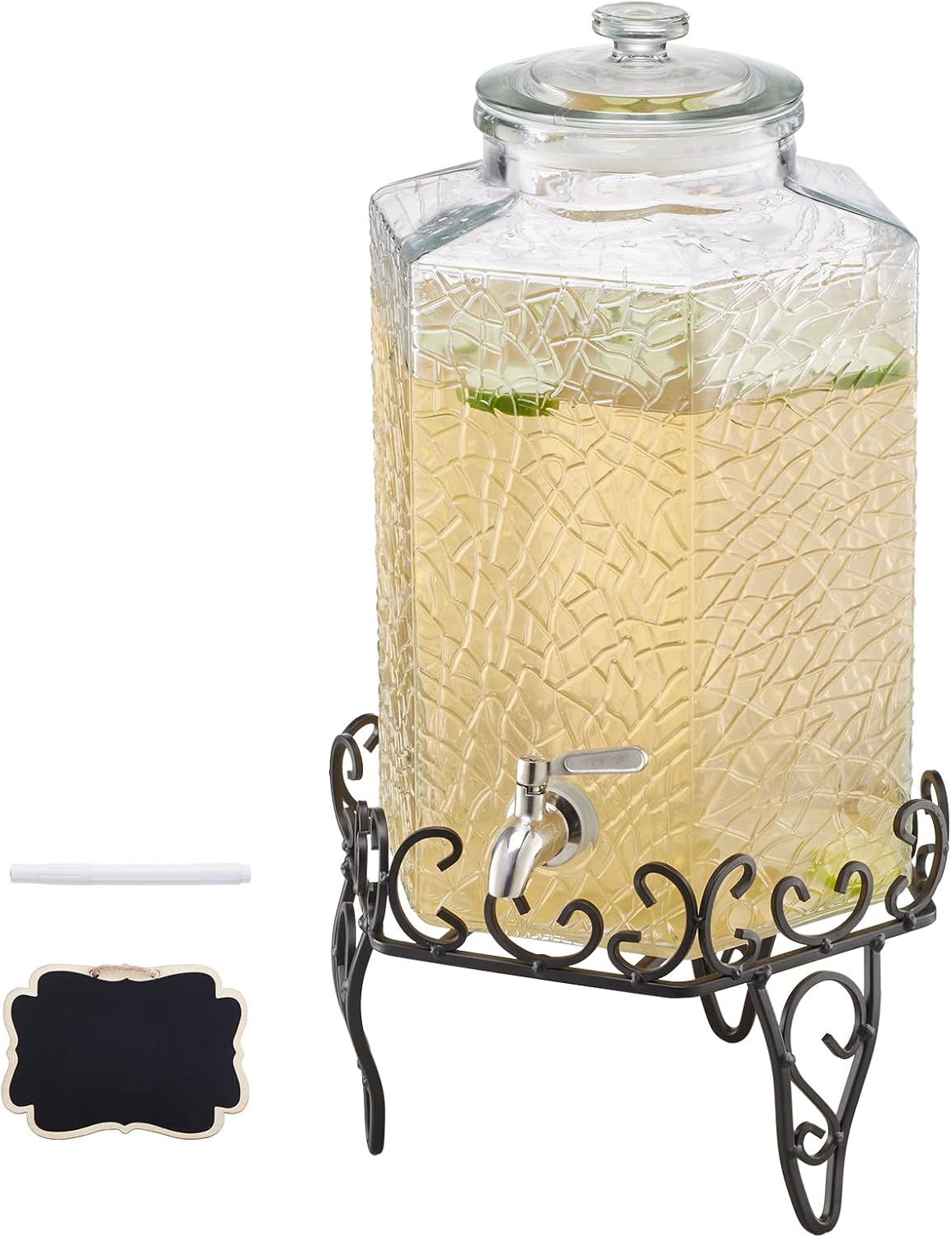 VEVOR Beverage Dispenser, 2.5 Gallon Drink Dispensers for Parties, Glass Juice Dispenser with Metal Stand, Stainless Steel Spigot, Iced Tea Lemonade Juice Water Dispensers for Parties