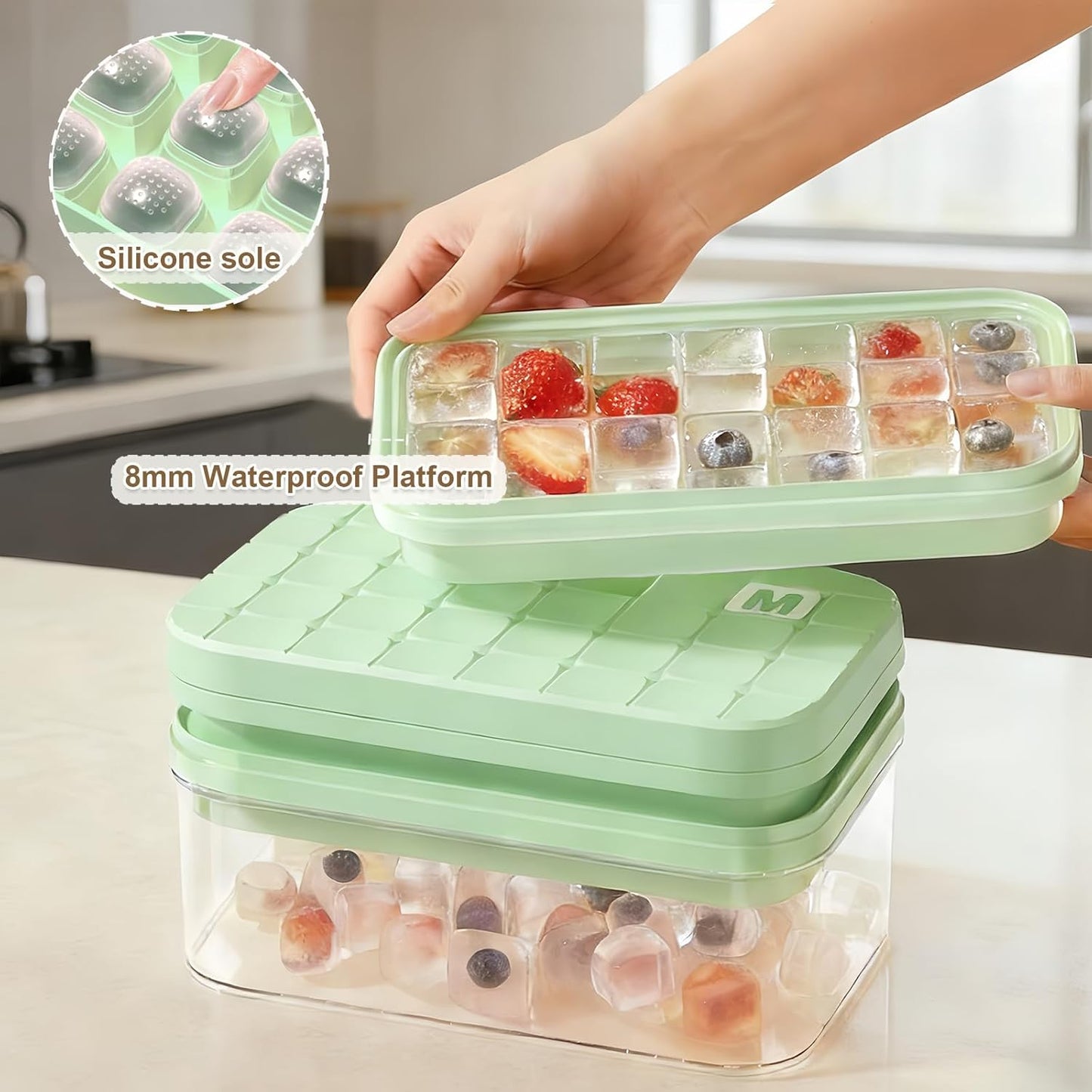 Compact Ice Cube Tray with Lid and Bin, Mini Press-Type Ice Cube Maker for Freezer, Space-Saving Small Ice Bucket with Tongs for RV, Office, Mini Ice Cube Trays & Water Bottles, BPA-Free (Green)