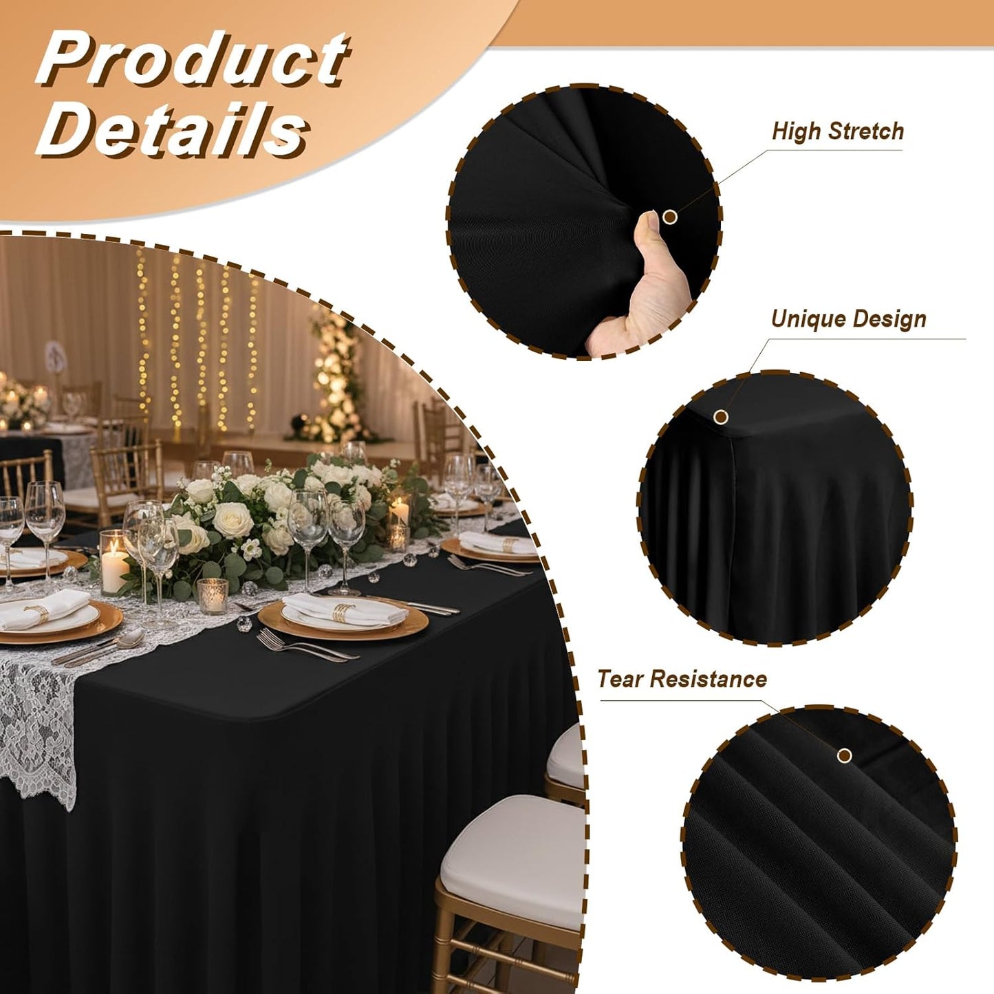 Fixwal Black Spandex Tablecloth for Rectangle Table 6ft, Table Skirt for Folding Table, Table Cover for Party, Show, Wedding and Birthday