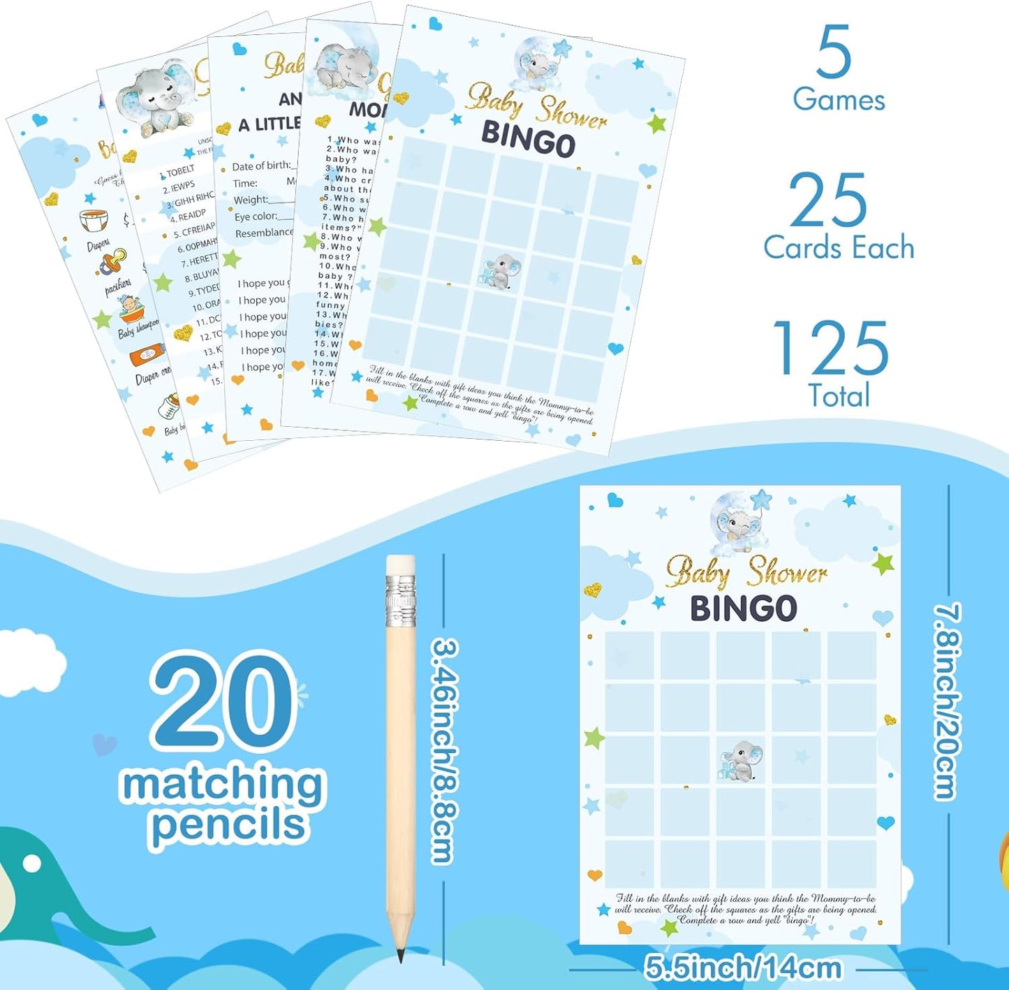 Yinder 145 Pcs Baby Shower Games Activities Cards with 20 Pencils Includes Baby Bingo Description and Wishes Guess Who Price is Right Word Scramble Game(Here Comes the Son)