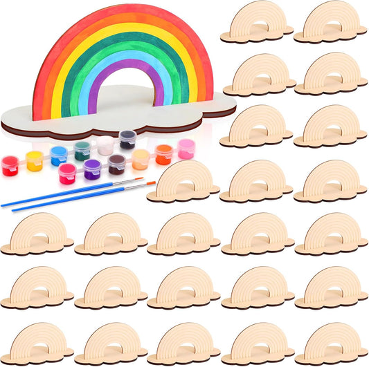 Blueweenly 12 Sets Rainbow Crafts for Kids Rainbow Art Painting Sets for Party Favors Wooden Painting Brush Kit Return Gifts for Birthday Party Supplies Class Make Your Own Craft Kits (Classic)
