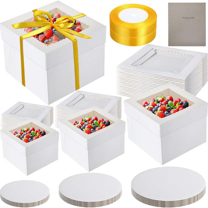 Teenyyou 48 Pcs Cake Boxes with Boards 24 Baking Boxes with Window 24 Cake Boards 2 Rolls Silk Ribbon Large Square Baking Storage in 3 Sizes 12x12x8, 10x10x8, 8x8x8 Inch Disposable Dessert Containers