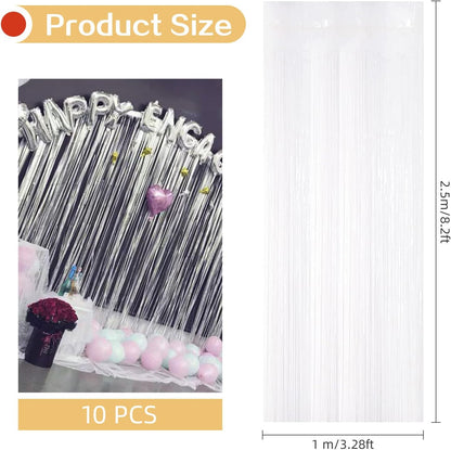 10 Pack Silver Backdrop Curtain 3.2ft x 8.2ft Metallic Tinsel Foil Fringe Curtains Photo Booth Background for Birthday Party Decoration Baby Shower Engagement Wedding Christmas Decoration (Silver)