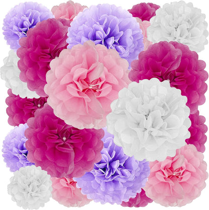 Tissue Paper Pom Poms, Pink Tissue Paper Flowers, Hanging Flower Balls for Weddings Fiesta Parties Birthday Baby Showers Classroom Bridal Shower Decoration (18Piece Set-6/10/12/14Inch)