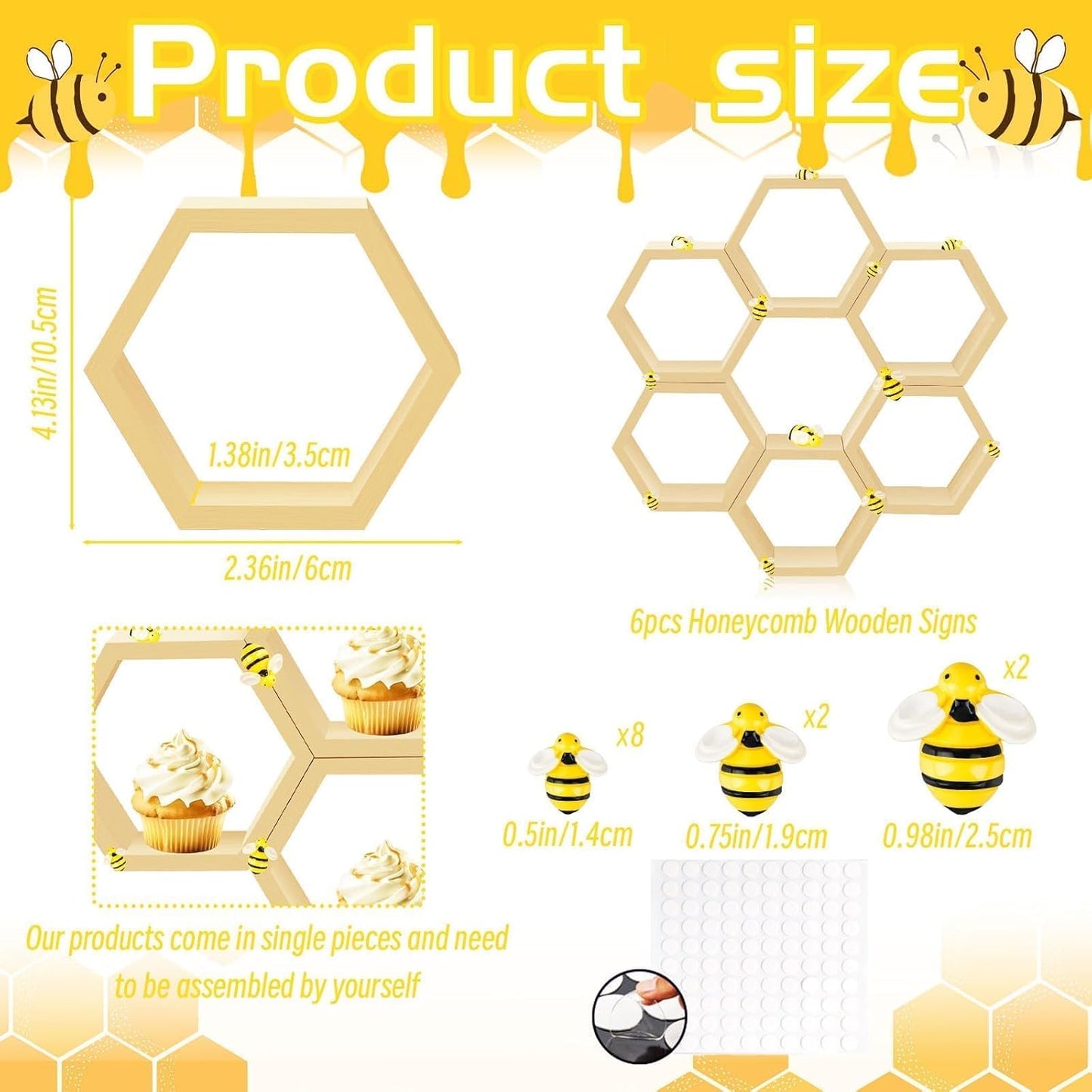 8 Pcs 4.13 Inch Honeycomb Cupcake Stand Cake Farmhouse Hexagon Display Holder Hexagonal Wood Cupcake Stand Floating Table Sign with Wooden Bee for Wedding Baby Shower Birthday Party Table Decorations