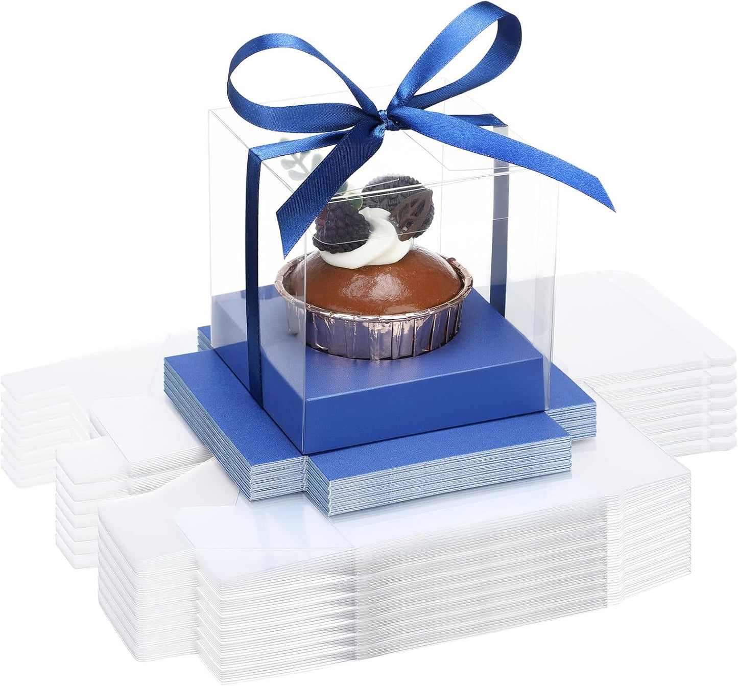 EUSOAR Individual Cupcake Holder, 50pcs 3.5 Inch Plastic Black Cupcake Containers with Lids, Single Transparent Display Clear Cupcake Carrier with Ribbon and Inserts for Wedding Party Favor