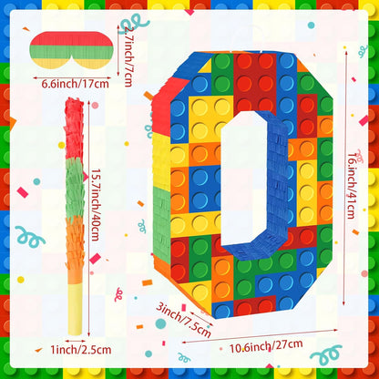 Number 7 Pinata Building Blocks with Pinata Stick Blindfold 7th Birthday Party Decorations Happy Birthday Building Block Theme Anniversary Party Supplies for Kids (Small, 16 x 10.6 x 3 in)