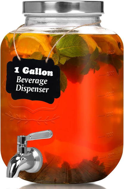 Bululuo Glass Drinks Dispenser for Parties, 2 PACK 1 Gallon Beverage Dispenser with Stand for Juice and Iced Tea, Water Jug Dispenser for Lemonade, Party Essential Beverage Pitcher with Spout