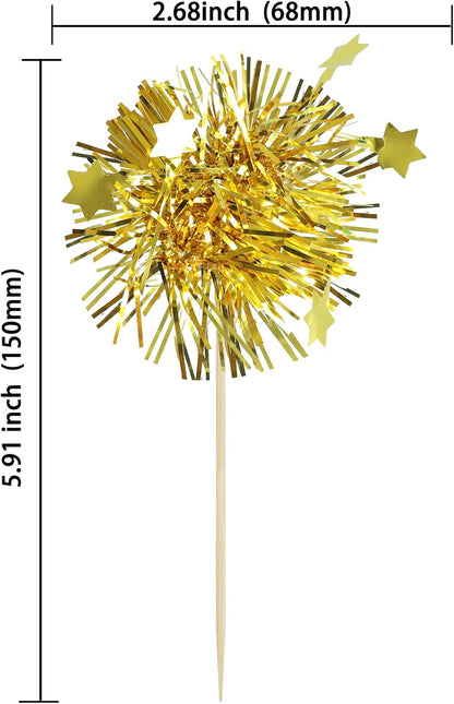 Ephlyn 30Pcs Foil Firework Cupcake Toppers Sparkle Tinsel Cupcake Picks Drink Stirrers Cocktail Food Fruit Toothpicks for Baby Shower Graduation Party Supplies White