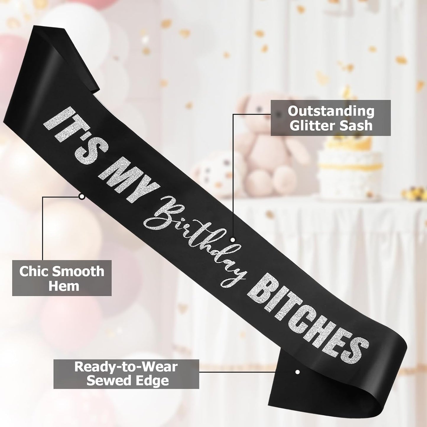 RUDONG M It's My Birthday Bitches Sash - Black Birthday Sash with Rose Gold Glitter for Women & Girls | Sweet 16/18th/21st/30th/40th/50th/60th/70th, All-Age Celebration Party Decor