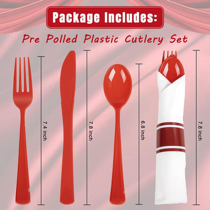 Liacere 100 Pack Silver Plastic Silverware-Pre Wrapped cutlery and Napkin-Pre Rolled Silverware Disposable 100 Forks, 100 Knives 100 Spoons, 100 Napkins Plastic Utensils＆Wedding
