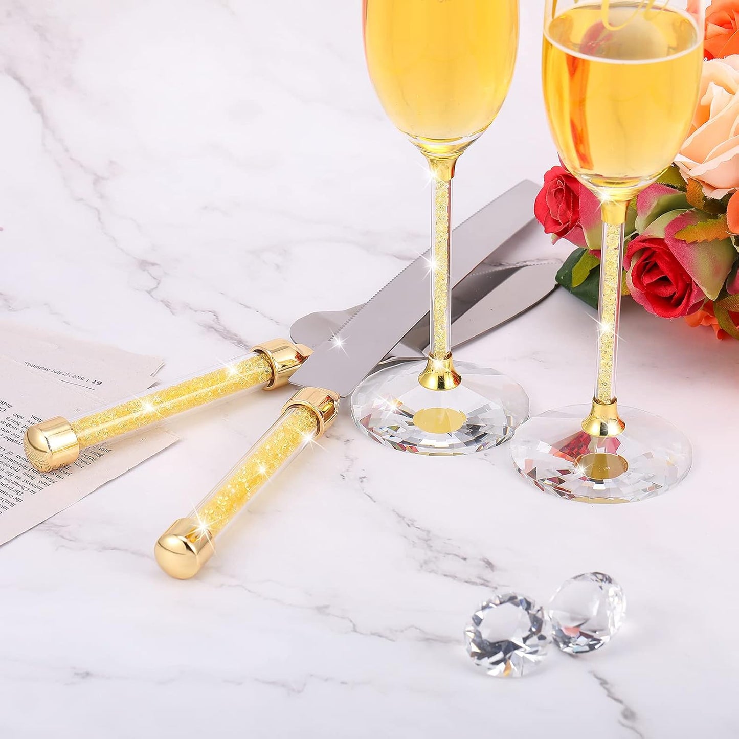 Boao 4 Piece Wedding Cake Knife and Champagne Flutes Server Set Mr and Mrs Toasting Flutes Crystal Rhinestone Cake Cutting Set for Bride and Groom Wedding Engagement Bridal Shower Gifts(Silver)