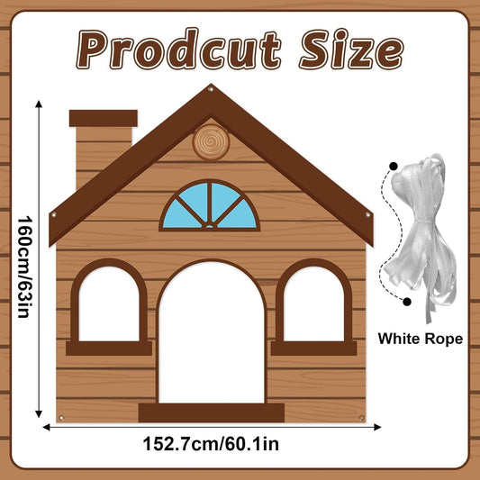 Large Wooden House Photo Prop Wooden House Shaped Selfie Frame Backdrop Banner Little Pigs Party Photo Booth Props for Kids Birthday Western Cowboys Farm Animal Party Decorations Supplies 63 x 60 Inch