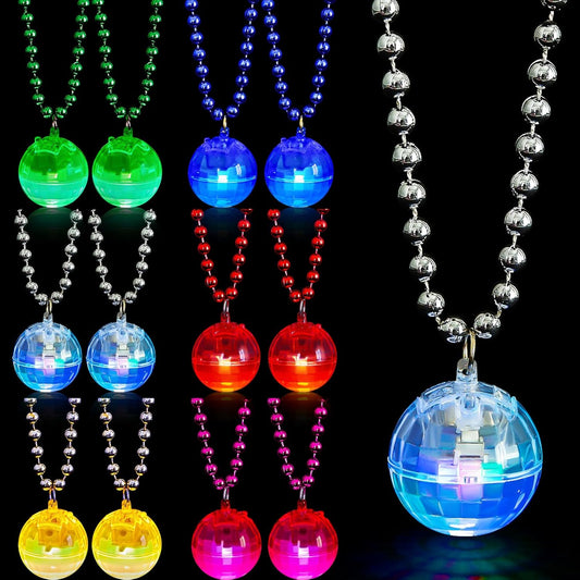 Sasylvia 12 Pcs LED Disco Ball Necklaces Light up Bead Necklaces 70s Disco Party Favors Glow in The Dark Bead Jewelry Costume Accessories for New Year Party Dance Supplies(Silver, Colorful)