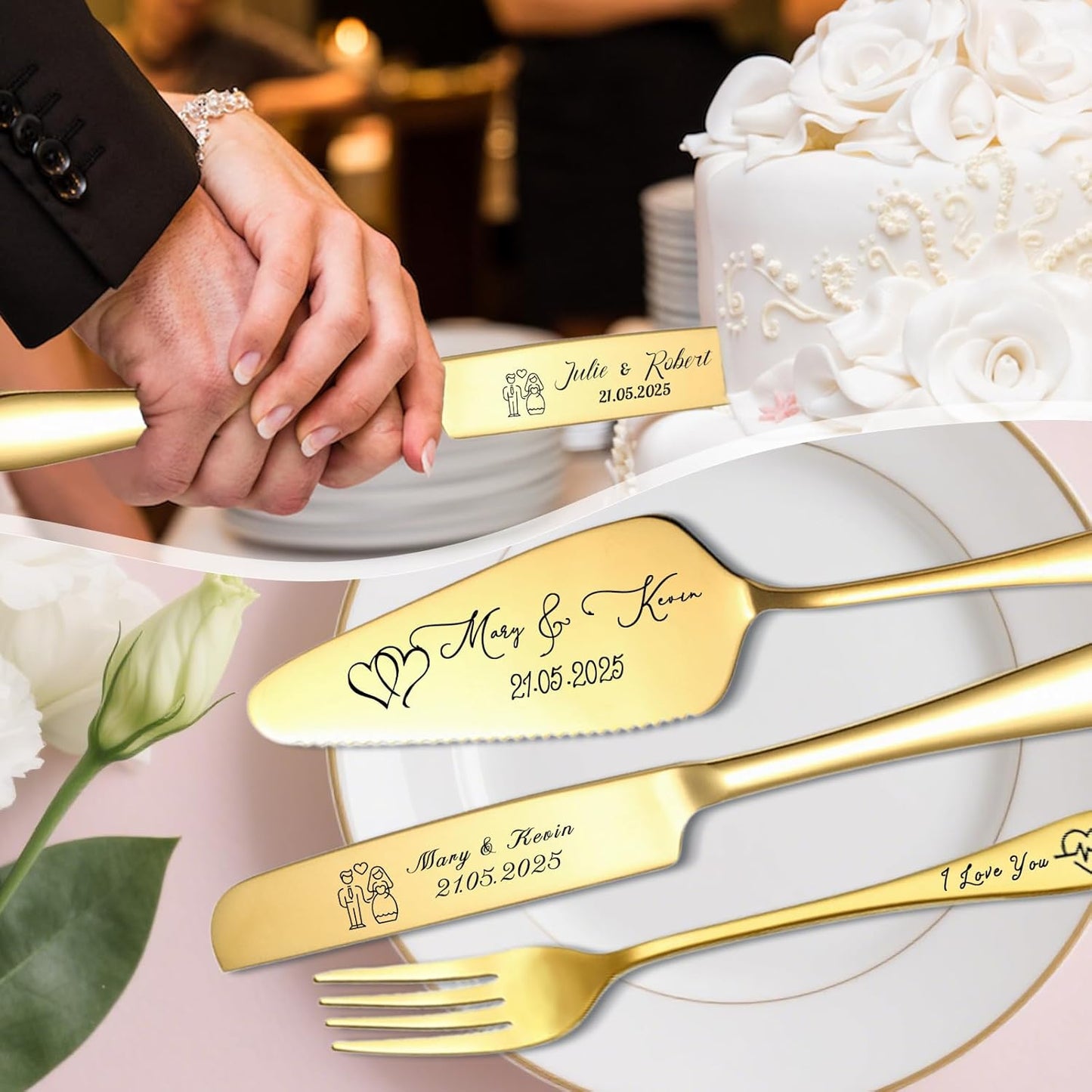 Personalized Cake Cutter Custom Wedding Cake Knife and Server Set Stainless Steel Cake Cutting Set Customize Gifts for Wedding Birthday (Black)