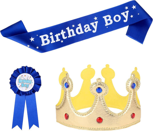 Xthrotsenk Birthday Boy Crown Party Set - Prince Crown Hat, Sash, Button Pin Accessory Costume Headwear & Photo Props for Men