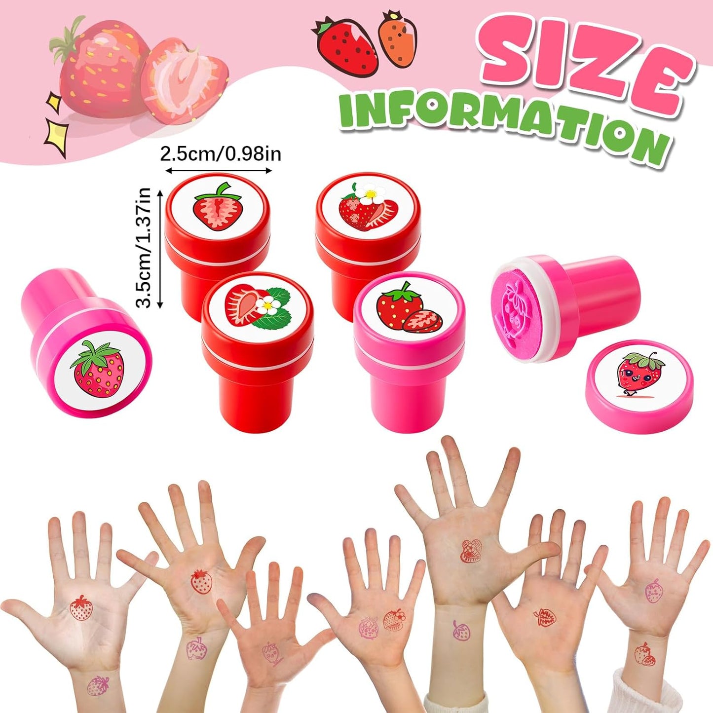 MotiMind 24 Pcs Strawberry 12 Designs Stampers Berry First Birthday Party Favors, Self-Inking Mini Stampers for Kids, School Rewards, Goodie Bag Fillers, Carnival Prizes, DIY Craft, Shortcake