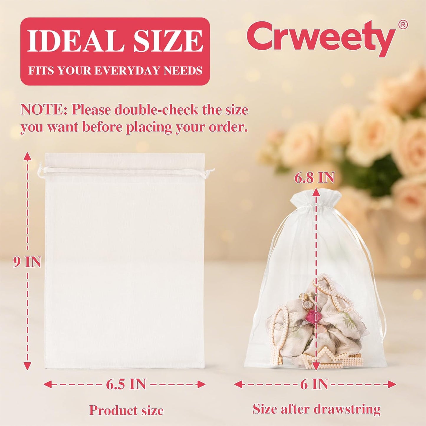 Crweety 50 Pcs Organza Bags 6x9 Inch White, Large Mesh Gift Bags Drawstring, Jewelry Pouches Treat Sachet Goodie Mesh Bag Drawstring for Wedding Party Favors Baby Shower & Mothers Day Gifts