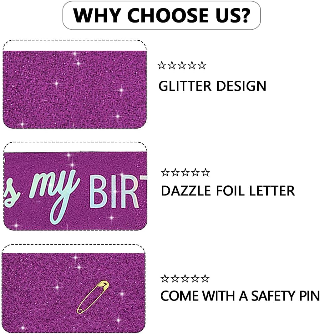 Vuzvuv It's My Birthday Birthday Sash, Glitter Birthday Sash with Foil Letters Birthday Party Decor for Women, Girls