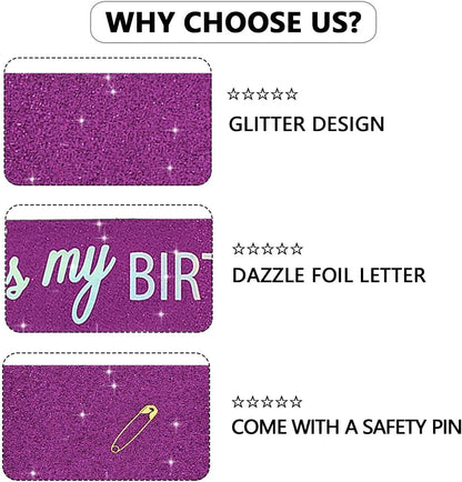 Vuzvuv It's My Birthday Birthday Sash, Glitter Birthday Sash with Foil Letters Birthday Party Decor for Women, Girls